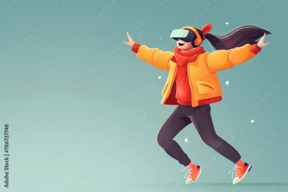 Illustration of a person in VR headset dancing joyfully with stars around.