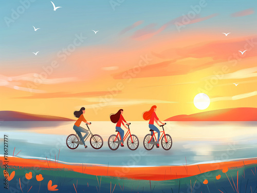 Three people riding bicycles by a lake at sunset, with birds flying in the sky.