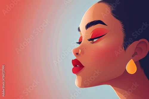 Illustration of a woman with bold makeup, side profile against a gradient background. photo
