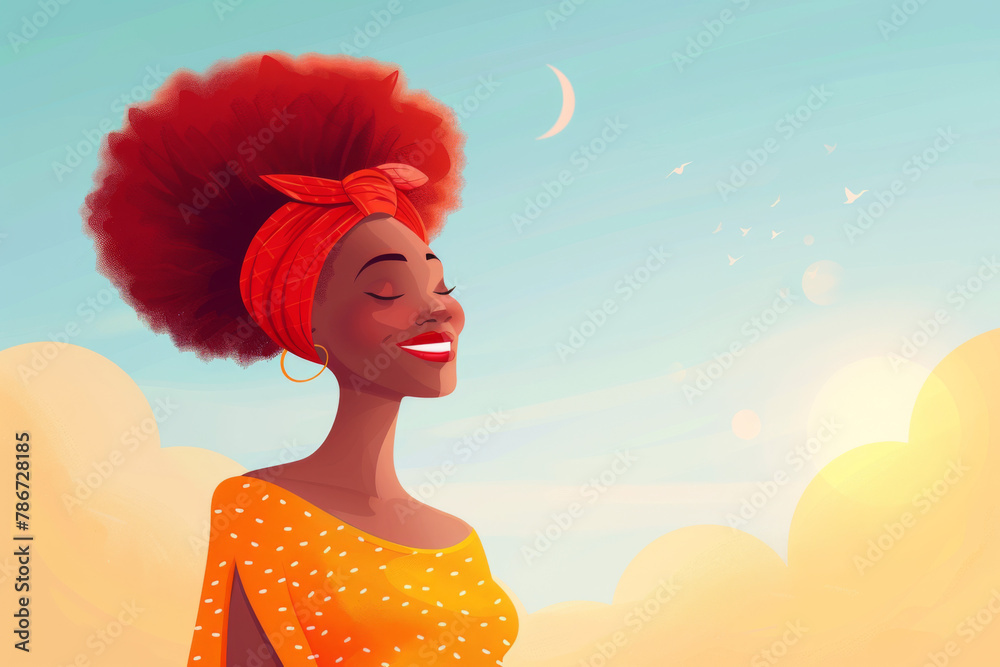 Stylized illustration of a woman with a radiant smile, red afro hair, and a headscarf against a serene sky.