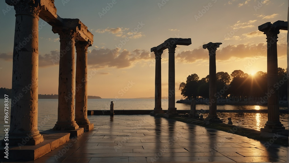 lakeside sunset walkway with ancient roman columns from Generative AI