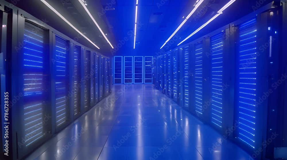 Advanced server room with rows of server racks illuminated by striking blue neon lights overhead Advanced server room with rows of server racks illuminated by striking blue neon lights overhead