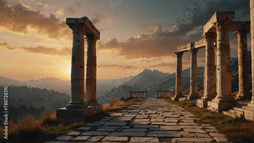 mountain sunset walkway with ancient roman columns from Generative AI