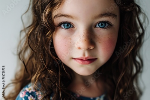 Portrait of a beautiful little girl with freckles and blue eyes photo