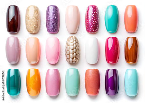 nail design,collection of various nail polish bottles on white background. each one is shot separately photo