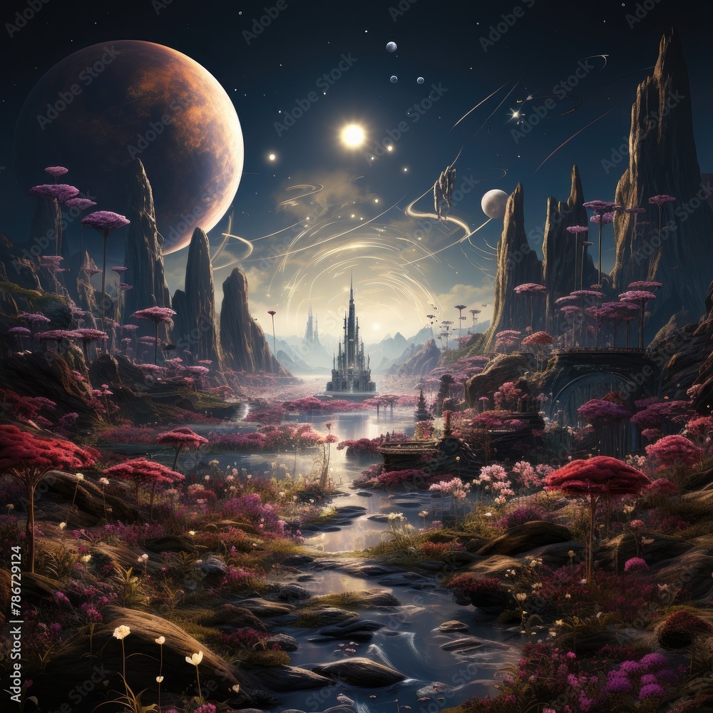 A beautiful alien landscape with a castle, river and large pink flowers.