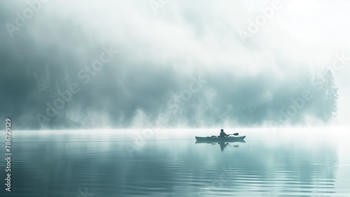 Lone kayaker on misty tranquil lake with forest backdrop