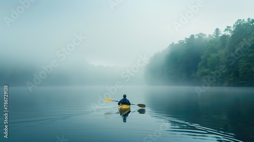 Person kayaking on serene misty lake with forest in background