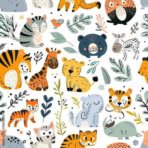 Abstract Doodles Baby Animals Pattern Fabric Pattern doodle Zoo Playful Baby Animals Pattern