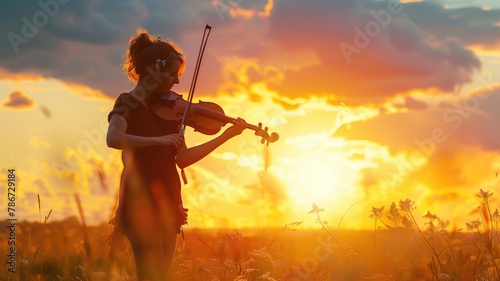 Woman playing violin at sunset in field
