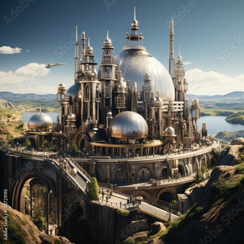 A beautiful palace with silver domes and golden accents sits on a cliff overlooking a lake in the valley.