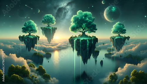 Celestial Dawn over Emerald Floating Islands with Cascades and Nebula Sky - Surreal Nature Art, Sci-Fi Fantasy Landscape, Poster Design, 4k Wallpaper, Peaceful Escape Imagery
