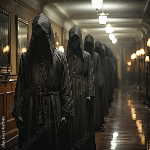 A dark hallway with a row of tall, ominous figures in black robes and hoods, their faces obscured by the shadows. photo
