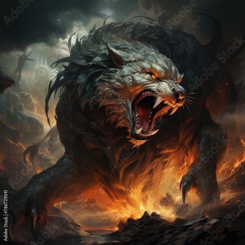 A fearsome werewolf stands in the middle of a fiery hellscape. photo