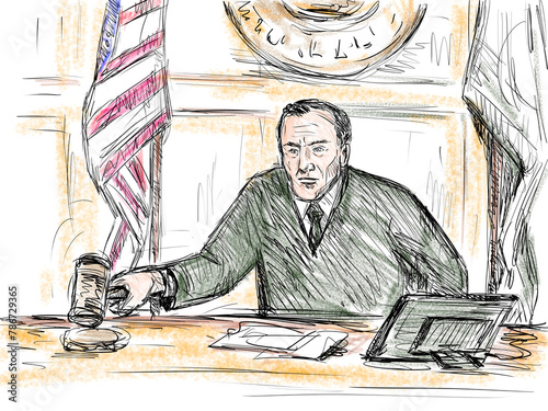 Pastel pencil pen and ink sketch illustration of a courtroom trial setting with judge banging the gavel during verdict and sentencing on a court case drama in judiciary court of law and justice.