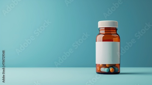 Orange pill bottle with blank label on blue background