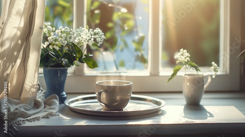 Morning tea by sunny window with flowering plants