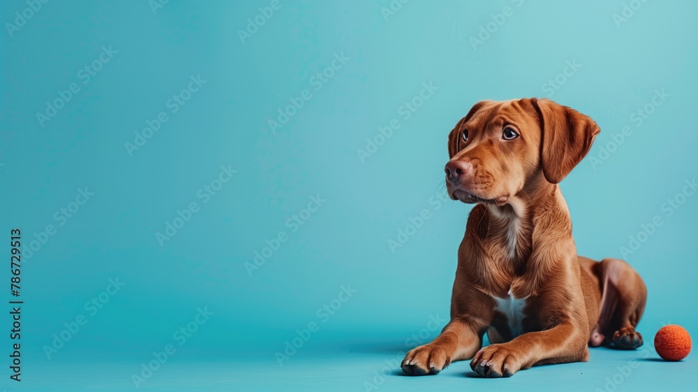Puppy with toy ball on blue background