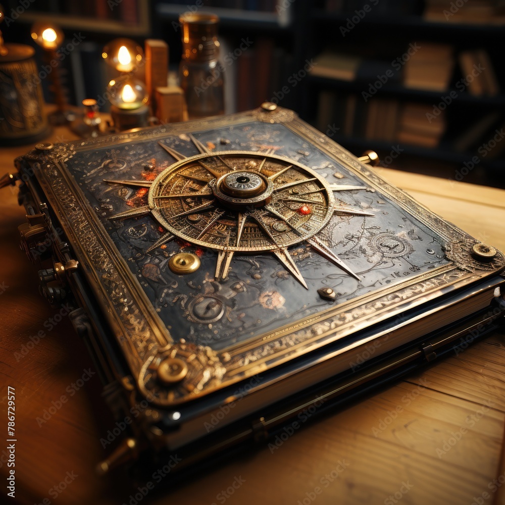 An illustration of a magical book with a compass on the cover.