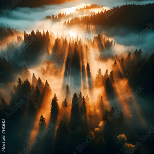 Aerial view of brightly lit morning sunlight shining beams of light through a dark, misty forest with pine trees at autumn sunrise.  Amazing forest on a foggy morning  The concept of protecting the en