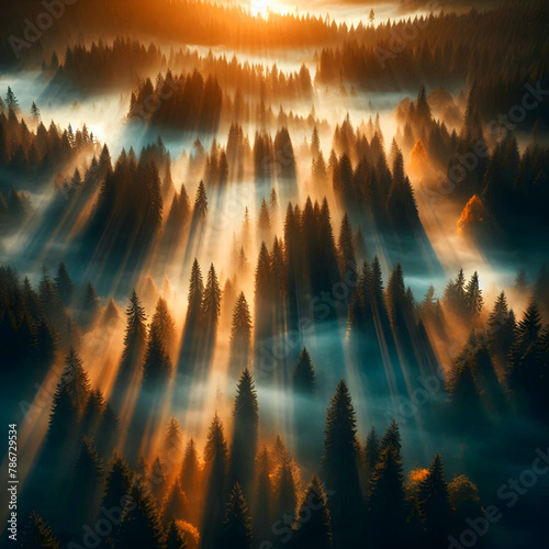 Aerial view of brightly lit morning sunlight shining beams of light through a dark, misty forest with pine trees at autumn sunrise. Amazing forest on a foggy morning The concept of protecting the en