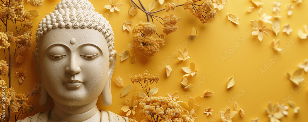 Buddha's face close up with orange flowers and yellow leaves on yellow background. Buddha's birthday holiday. Buddhism concept. Template for design. Banner with place for text