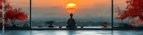 Buddha in lotus position meditation against the backdrop rising sun, rear view. Wide landscape view. Holiday Buddha's Birthday. Buddhist concept. Banner with place for text
