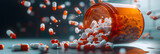 White orange pink pills falling out of a bottle on floor with dark emerald background White medical pills and tablets spilling out of a drug bottle copy space 