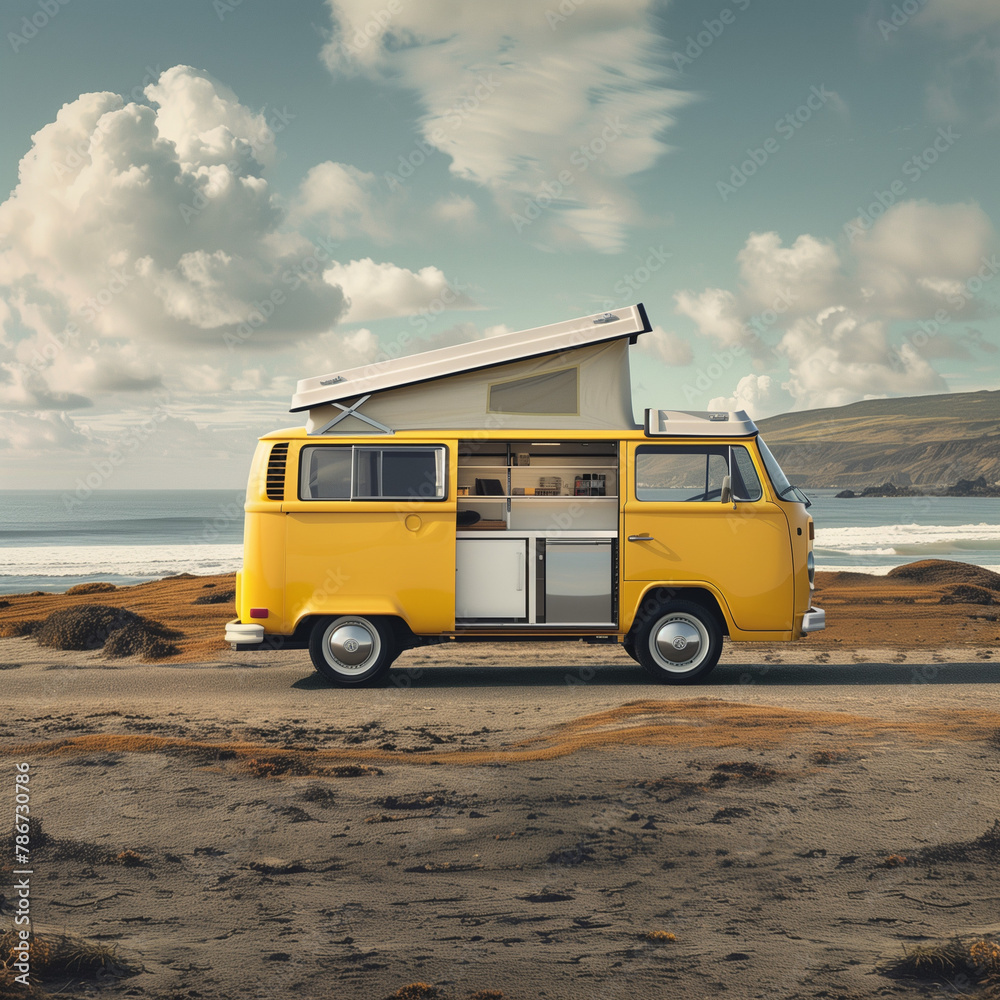 Mini Fridge in a Yellow Van on a Coastal Road: Perfect for Refreshing Stops