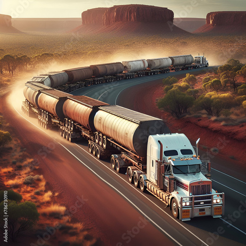 Massive Multi-Trailer Tractor-Trailer Road-Train Semitruck Freight Traversing Traveling Red Dirt Rural Australian Outback Spacious Highway Empty Long Road Countryside Long Vehicle Semi Truck Road Trip photo