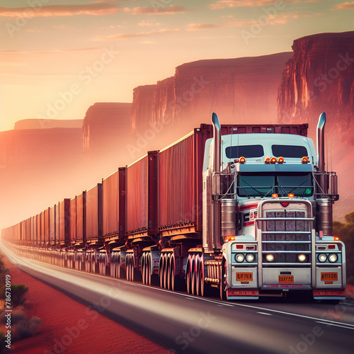 Massive Multi-Trailer Tractor-Trailer Road-Train Semitruck Freight Traversing Traveling Red Dirt Rural Australian Outback Spacious Highway Empty Long Road Countryside Long Vehicle Semi Truck Road Trip photo