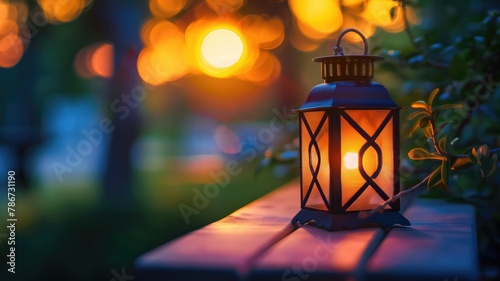 Illuminated lantern on wooden surface at twilight with bokeh background
