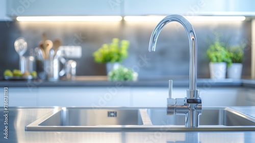 Modern kitchen sink with stainless steel faucet