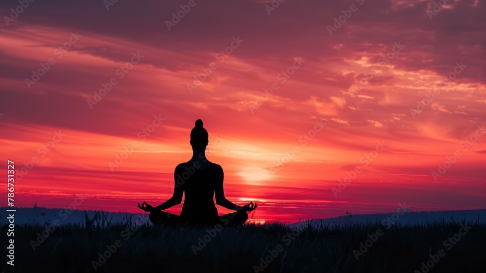 Silhouette of person meditating in lotus position at sunset with vibrant red sky