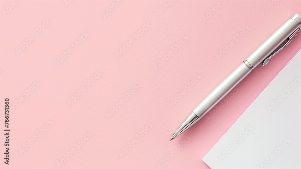 Silver pen on white sheet of paper against pastel pink background Silver pen on white sheet of paper against pastel pink background