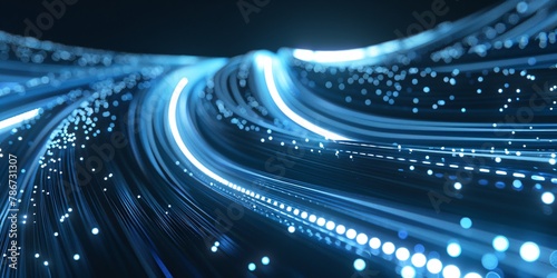 Digital Blue Light Fibers Accelerating. Dynamic blue optical fibers emitting light, representing high-speed data transfer and connectivity.