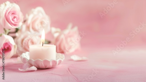 Lit candle on pink surface with soft roses in background