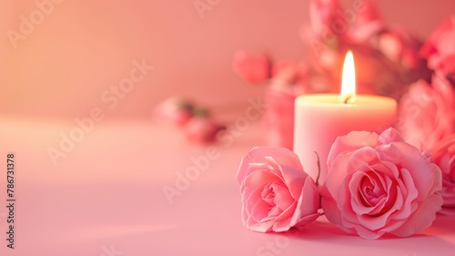 Lit candle with pink roses on soft background