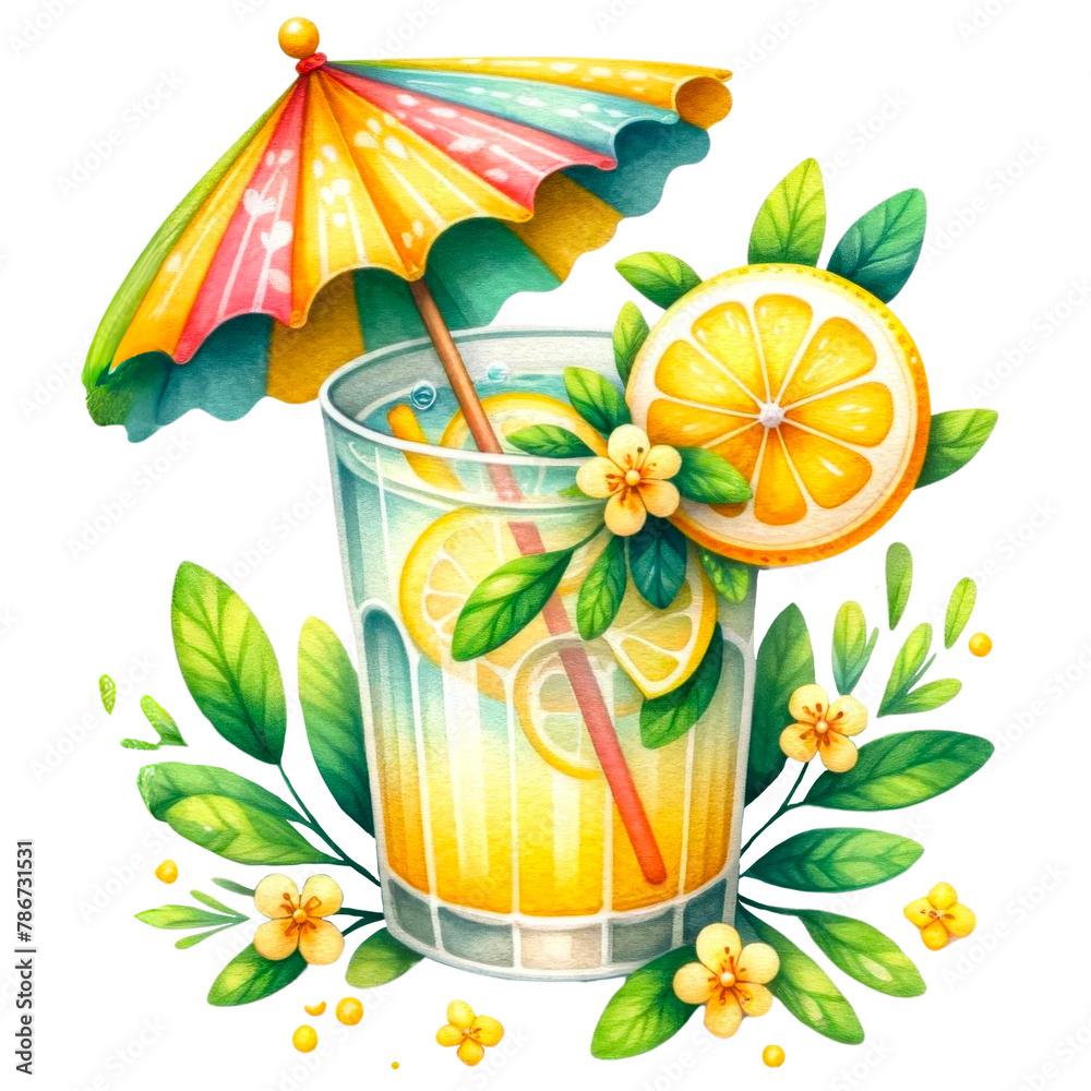 Naklejka premium Summer Lemonade Stand and Festive Decorations Clipart, This collection features summer-inspired lemonade stand clipart with vibrant decorations, refreshing drinks, and citrus-themed cakes