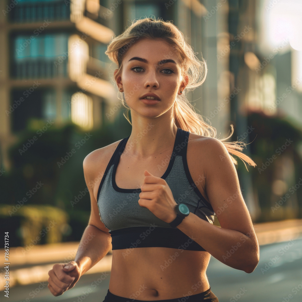 Young woman jogging in an urban environment during golden hour. Young woman jogging in an urban environment during golden hour.