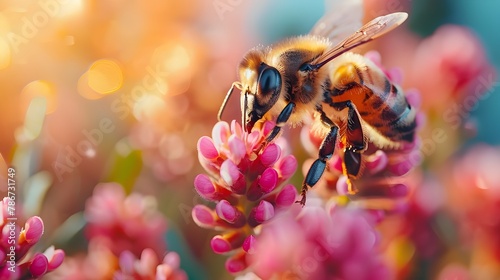 Close up of macro bee on pink flower. in colorful floral garden. Concept of World Bee Day, beautiful insect and flower nature wallpaper illustration background.