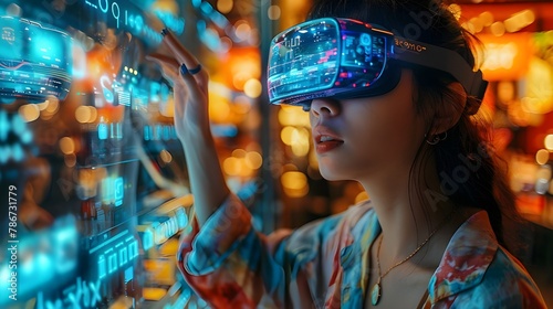 Woman shopping with futuristic VR headset AR smart glasses, holographic interface to display data, virtual reality cyberspace. Augmented reality marketing and smart retail concept.  photo