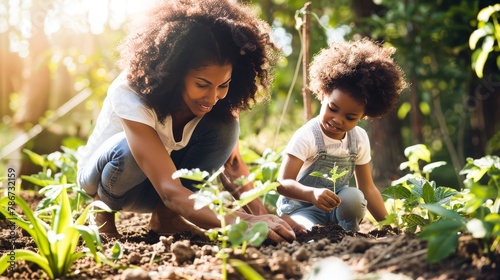 In a garden, a mom showing her child how to plant a seed, nurturing growth in nature and in life. photo