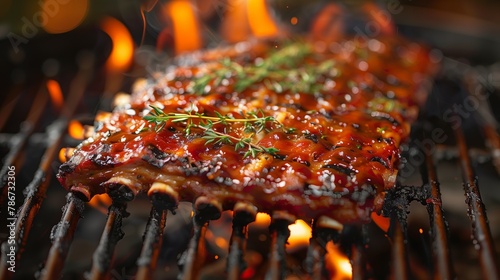 Sizzling BBQ Ribs on Flaming Grill photo