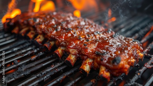 Sticky Barbecued Ribs Grilling Over Open Flames