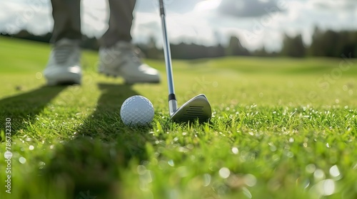 A golf club poised to strike a ball.