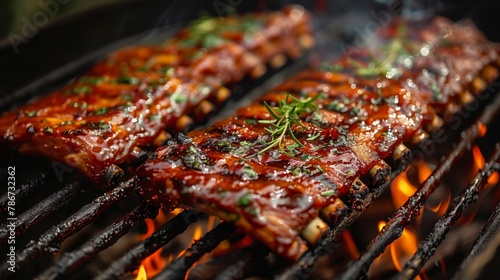 Grilled Ribs with Herbs and Barbecue Glaze Over Fire
