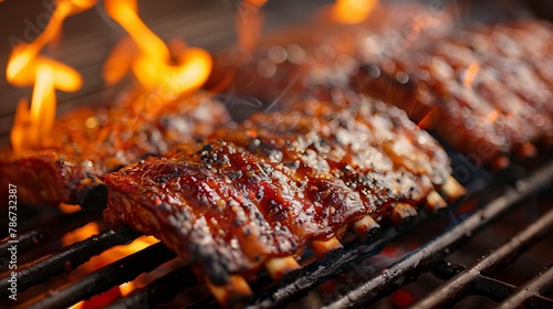 Barbecue Pork Ribs Glazed and Grilling with Flames photo