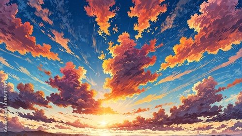 sunset sky with clouds landscape cartoon anime from Generative AI #786732390