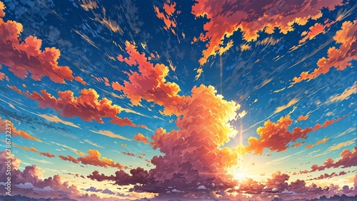 sunset sky with clouds landscape cartoon anime from Generative AI #786732397